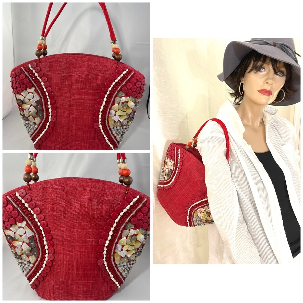 Red raffia handmade beaded bag